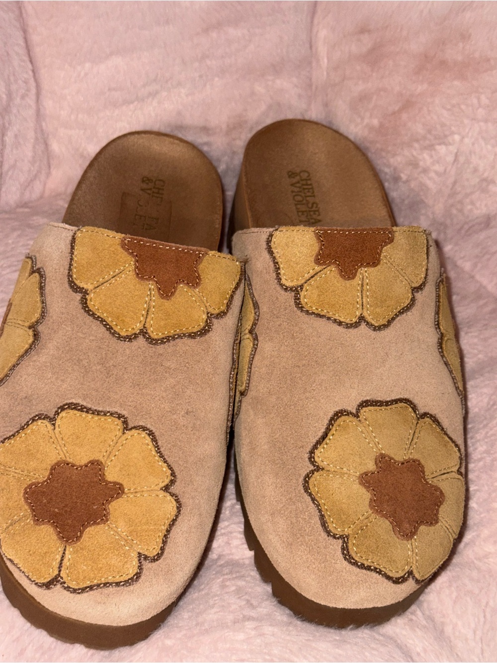 Chelsea & Violet Beige Suede Floral Appliqué Clogs with Mustard Accents